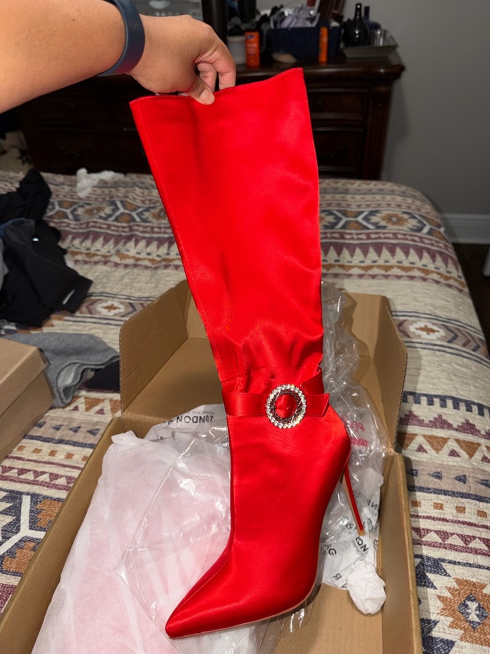 Red Satin Knee-High Stiletto Boots with Crystal Buckle